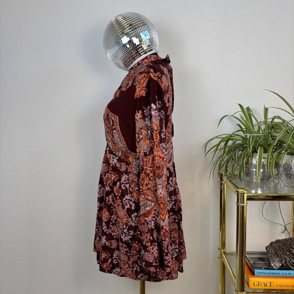 Free People Lady Luck Tunic Medium Burgundy Paisley Open Back Bell Sleeve Hippie - Picture 4 of 14